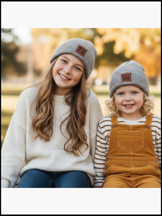 Matching Sister Knit Beanies Set Big Sis Lil Sis Leather Patch Hat